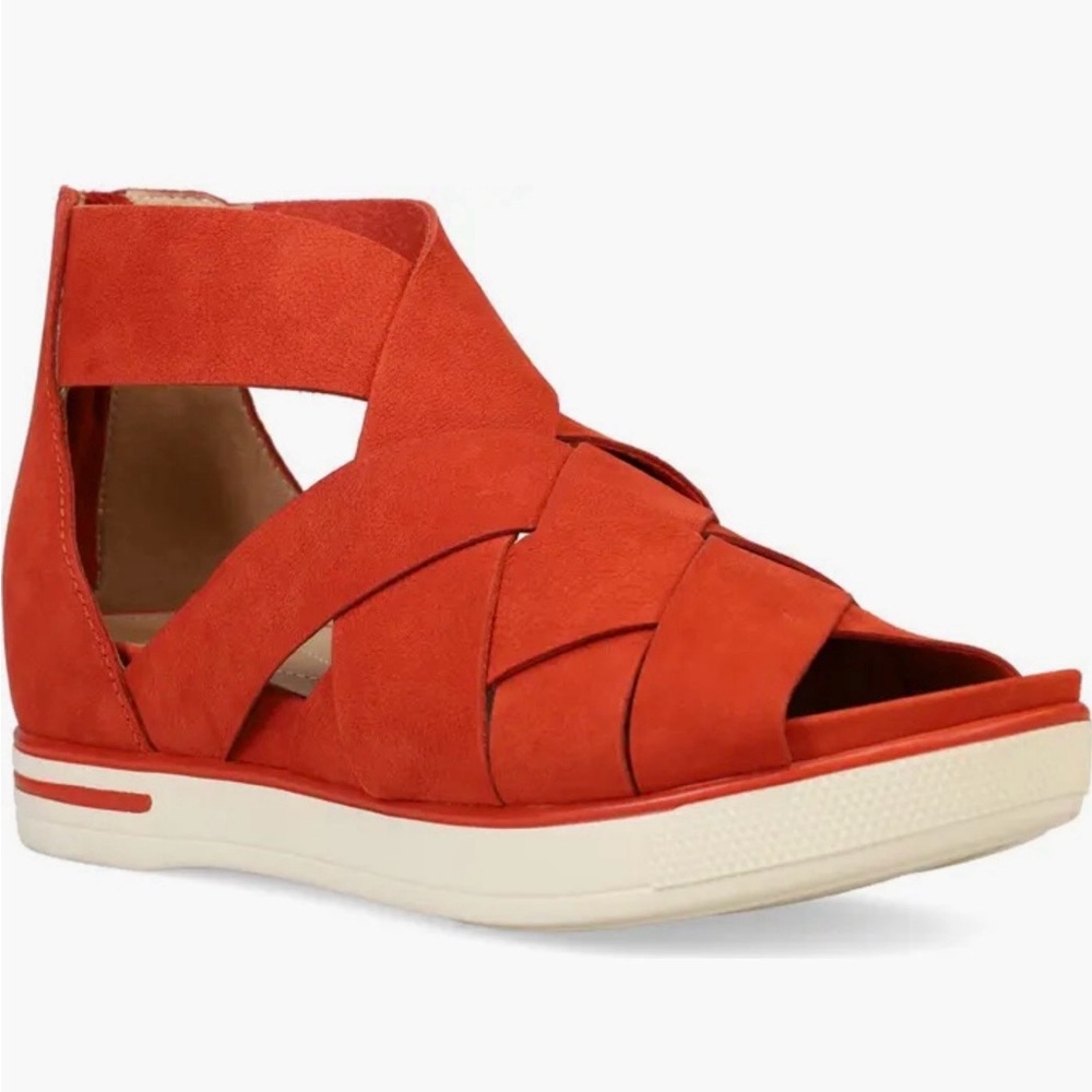 Eileen Fisher Slue Sandals Copper Orange Strappy Gladiator Woven Leather Modern